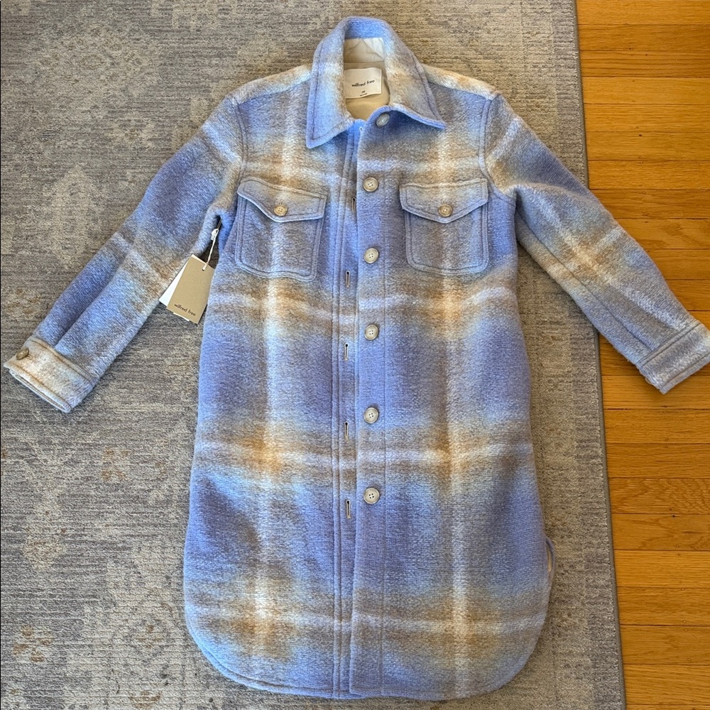 Aritzia Blue and Tan Plaid Long Coat